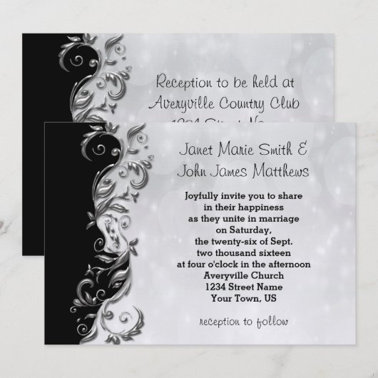Zwart & Zilver Bloemen Wedding Design Kaart (Voorkant / Achterkant)