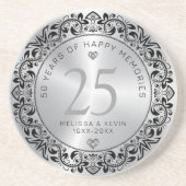 Zwart zilver bloemenkant 25e bruiloft Jubileum Zandsteen Onderzetter (Voorkant)
