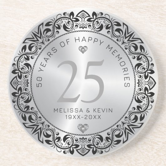 Zwart zilver bloemenkant 25e bruiloft Jubileum Zandsteen Onderzetter (Voorkant)