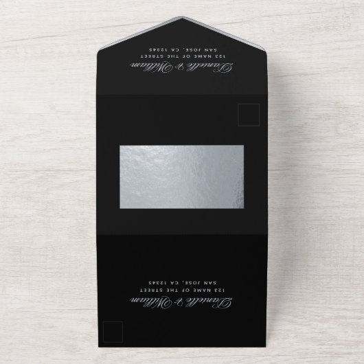 Zwart Zilver Bruiloft Monogram Elegante Kalligrafi All In One Uitnodiging (Buitenkant)