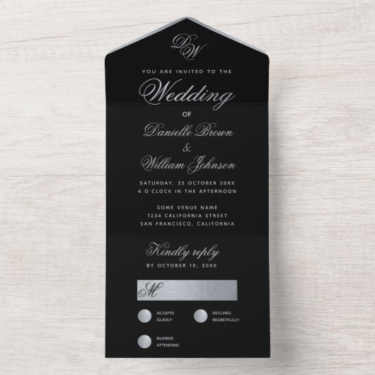 Zwart Zilver Bruiloft Monogram Elegante Kalligrafi All In One Uitnodiging (Binnen)