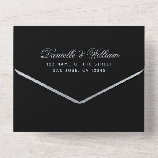 Zwart Zilver Bruiloft Monogram Elegante Kalligrafi All In One Uitnodiging (Achterkant)