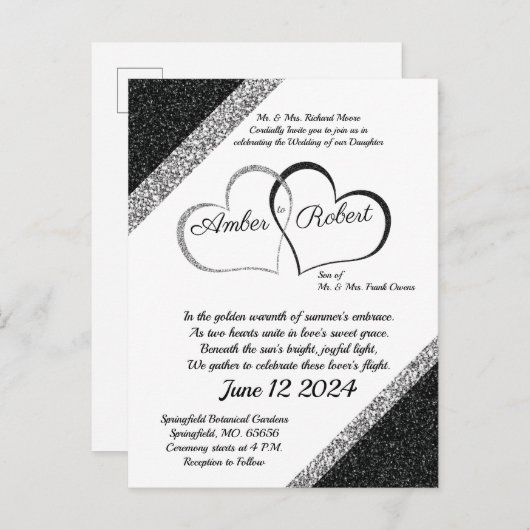 Zwart & Zilver Bruiloft Uitnodiging w/Hart gedicht (Voorkant / Achterkant)