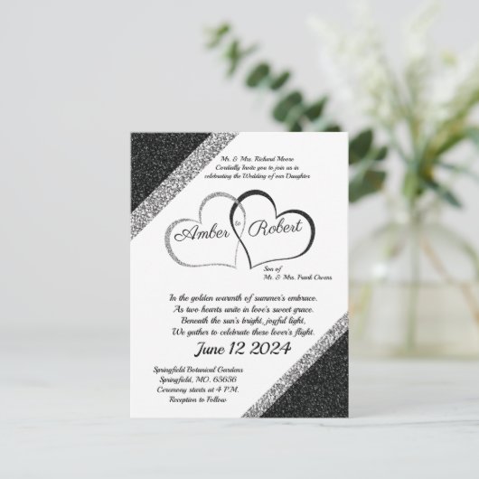 Zwart & Zilver Bruiloft Uitnodiging w/Hart gedicht (Staand voorkant)