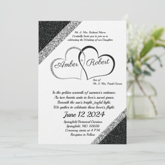 Zwart & Zilver Bruiloft Uitnodiging w/Hart gedicht (Staand voorkant)