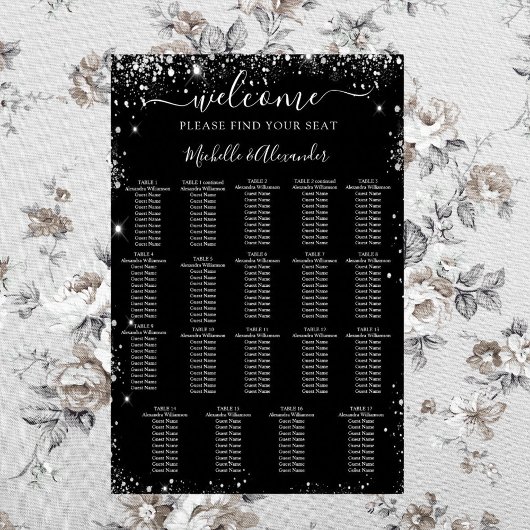 Zwart zilver bruiloft zitgrafiek 19 tafels poster