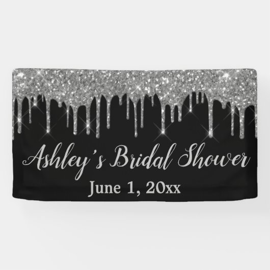 Zwart & Zilver Bruiloftsshower Achtergrond Fotohok Spandoek (Horizontaal)