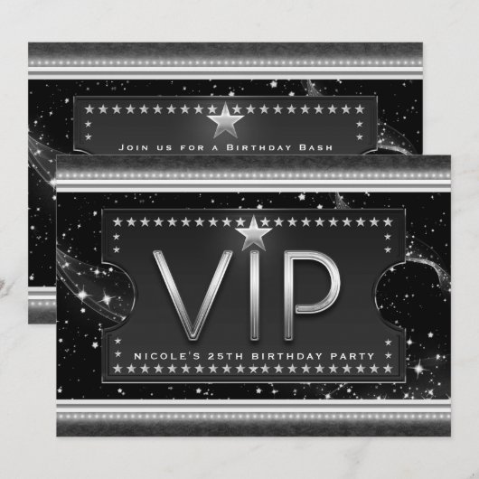 Zwart & Zilver Chic Glam VIP Ticket Uitnodiging (Voorkant / Achterkant)
