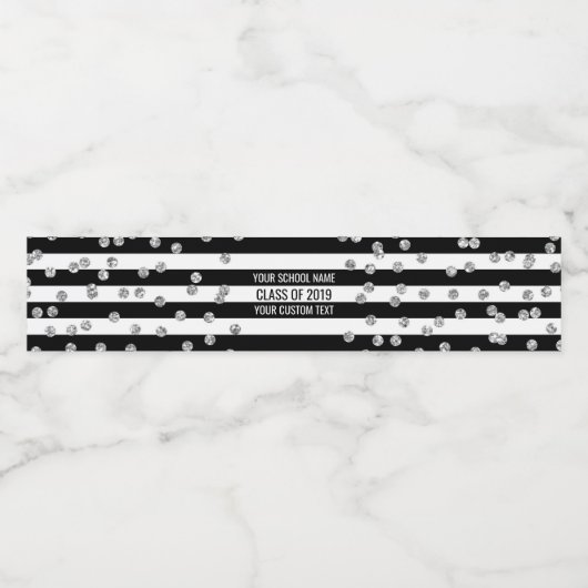Zwart Zilver Confetti Klasse van 2019 Afstuderen Waterfles Etiket (Enkel label)