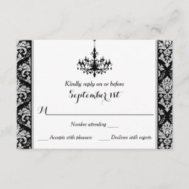 Zwart, Zilver Damask, Chandelier Reply Card RSVP Kaartje