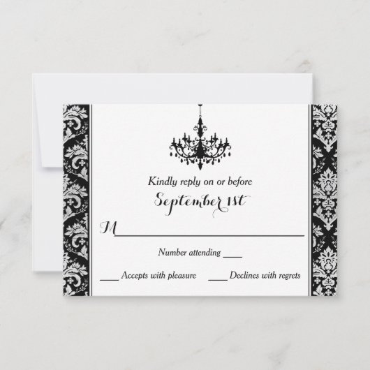 Zwart, Zilver Damask, Chandelier Reply Card RSVP Kaartje (Voorkant)