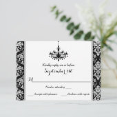 Zwart, Zilver Damask, Chandelier Reply Card RSVP Kaartje (Staand voorkant)