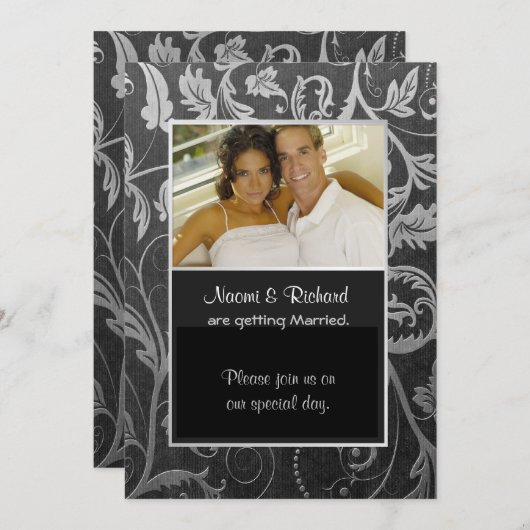 Zwart & Zilver Damask Fotouitnodiging Kaart (Voorkant / Achterkant)