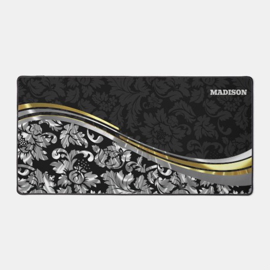 Zwart & Zilver Damasks Gouden accenten Bureaumat (Voorkant)