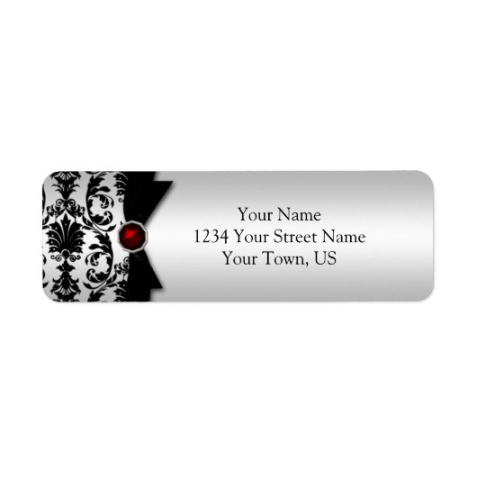 Zwart Zilver Damast Gedrukt Ruby Edelsteen Adres Etiket (Voorkant)