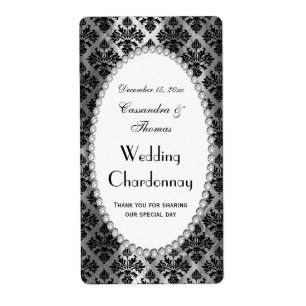  Zwart Zilver Damast Parel V Wijnflesetiket Etiket