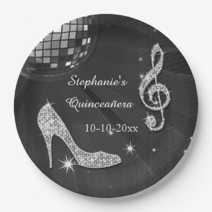 Zwart/Zilver Disco Bal en Hoge Hakken Quinceañera Papieren Bordje