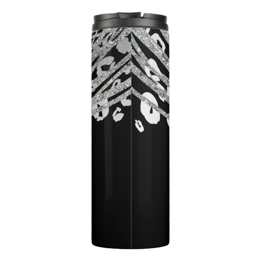 Zwart Zilver Elegant Glitter Leopard Cheetah Print Thermosbeker (Achterkant)