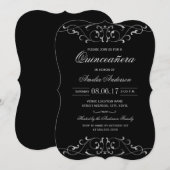 Zwart Zilver Elegant Quinceanera Uitnodiging (Voorkant / Achterkant)