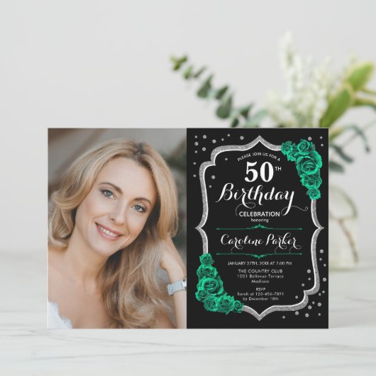 Zwart Zilver Emerald Groen Foto 50e Verjaardag Kaart (Staand voorkant)