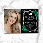 Zwart Zilver Emerald Groen Foto 50e Verjaardag Kaart<br><div class="desc">Elegante bloemenuitnodiging voor de 50e verjaardag met uw foto. Glam zwart & smaragdgroen ontwerp met faux glitter zilver. Bevat groene rozen, script lettertype en confetti. Perfect voor een stijlvol volwassen feestje. Personaliseer met je eigen gegevens. Kan voor om het even welke leeftijd worden aangepast! Gedrukte Zazzle-uitnodigingen of direct download digitale...</div>