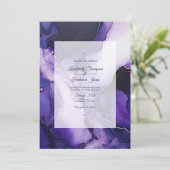 Zwart, Zilver en Donker Paarse Alcoholinkt Bruilof Kaart (Staand voorkant)