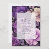 Zwart, Zilver en Donker Paarse Bloemen Bruiloft Kaart (Voorkant)