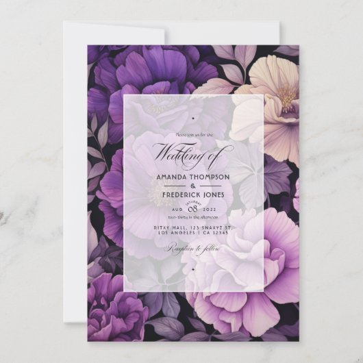 Zwart, Zilver en Donker Paarse Bloemen Bruiloft Kaart (Voorkant)