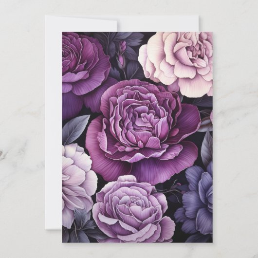 Zwart, Zilver en Donker Paarse Bloemen Bruiloft Kaart (Achterkant)