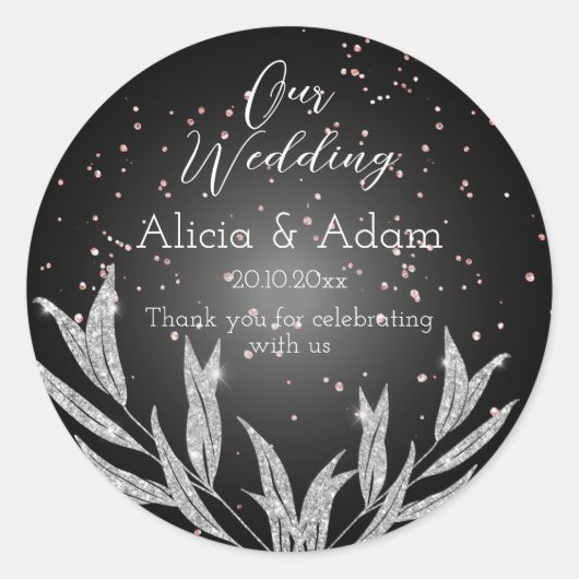 Zwart, zilver en Roos Gold Glitter Wedding Ronde Sticker (Voorkant)