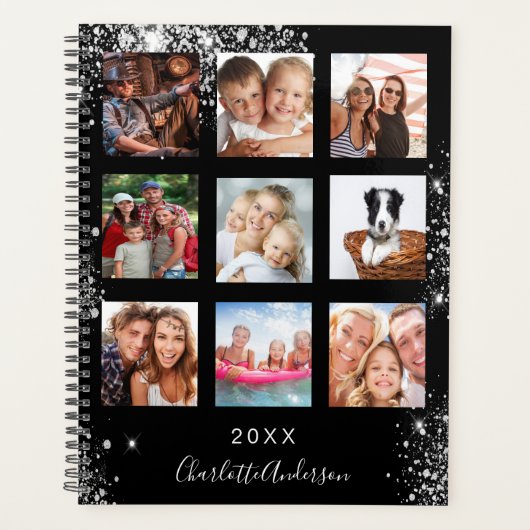 Zwart zilver familie foto collage naam 2026 planner (Voorkant)
