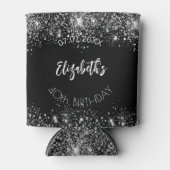 Zwart zilver glinsterend script verjaardag blikjeskoeler (Voorkant)