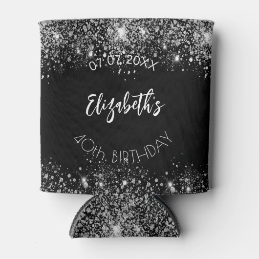 Zwart zilver glinsterend script verjaardag blikjeskoeler (Voorkant)