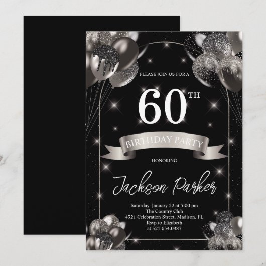 Zwart Zilver Glitter Ballonnen 60e Verjaardagsfees Kaart (Voorkant / Achterkant)