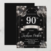 Zwart Zilver Glitter Ballonnen 90e Verjaardagsfees Kaart (Voorkant / Achterkant)