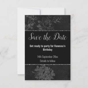 ZWART ZILVER GLITTER BLOEMENMOTIEF SAVE THE DATE RSVP KAARTJE
