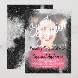 Zwart Zilver Glitter Border Foto Sweet Sixteen Kaart