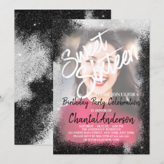 Zwart Zilver Glitter Border Foto Sweet Sixteen Kaart