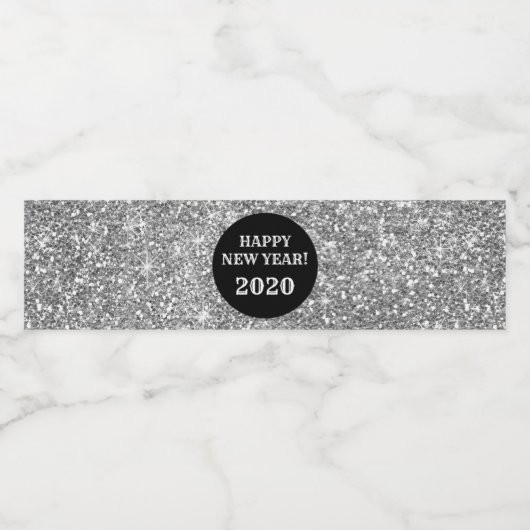 Zwart Zilver Glitter Custom Gelukkig Nieuwjaar Waterfles Etiket (Enkel label)