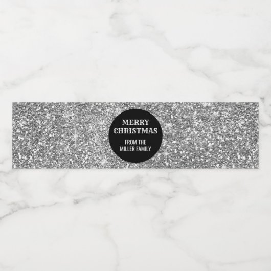 Zwart Zilver Glitter Custom Vrolijk Kerstfeest Waterfles Etiket (Enkel label)