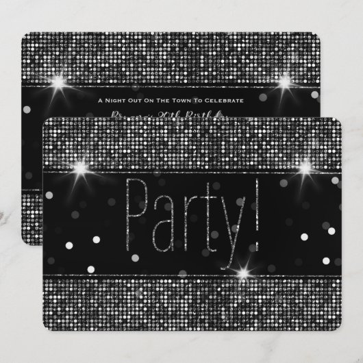 Zwart & Zilver Glitter Glans Feestverlichting Kaart (Voorkant / Achterkant)