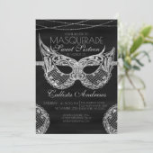 Zwart Zilver Glitter Kant Masquerade Sweet 16 Kaart (Staand voorkant)