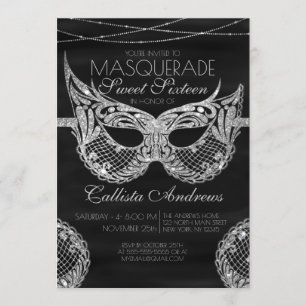 Zwart Zilver Glitter Kant Masquerade Sweet 16 Kaart