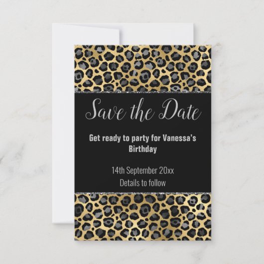 ZWART ZILVER GLITTER LUIPAARD SAVE THE DATE RSVP KAARTJE (Voorkant)