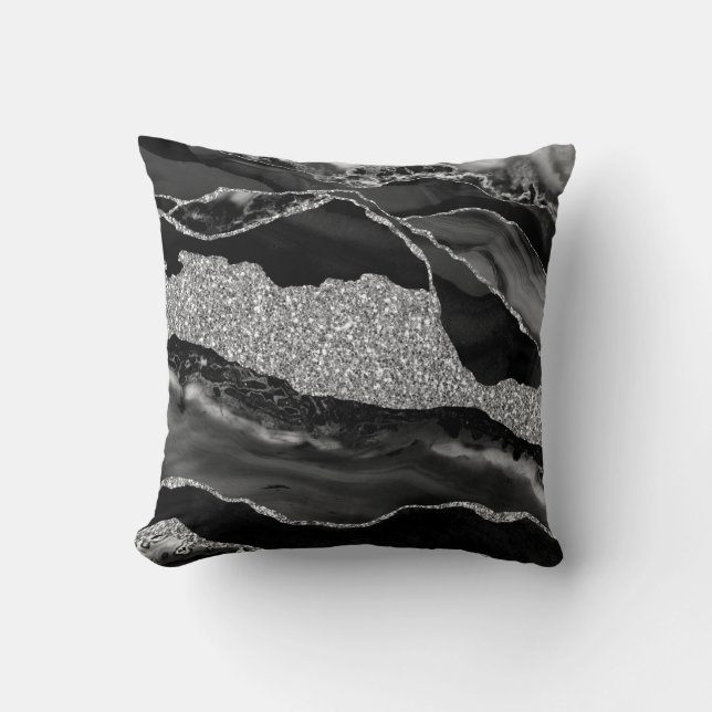 Zwart Zilver Glitter Luxe Agate Geode Kussen (Voorkant)