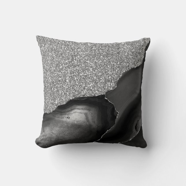 Zwart Zilver Glitter Luxe Agate Geode Kussen (Voorkant)