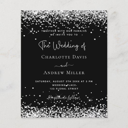 Zwart zilver glitter modern QR RSVP budget bruilof (Voorkant)