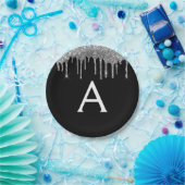 Zwart Zilver Glitter Monogram Verjaardag Papieren Bordje (Feest)
