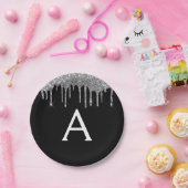 Zwart Zilver Glitter Monogram Verjaardag Papieren Bordje (Feest)
