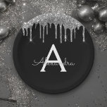 Zwart Zilver Glitter Monogram Verjaardag Papieren Bordje<br><div class="desc">Zwart - Zilveren Faux Glitter en Sparkle Elegante Verjaardag,  Huwelijksreceptie,  Bruidsdouche,  Babydouche of Bachelorette Party Papier Platen. Deze bruiloft,  bruidsdouche of verjaardagsfeestplaten kunnen worden aangepast om uw initiële en voornaam op te nemen. Neem contact op met de ontwerper voor aangepaste overeenkomende items.</div>